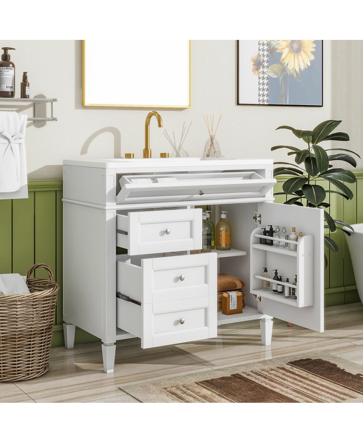 Sillysis 36" Modern Bathroom Vanity with Sink, Solid Wood Cabinet, Soft Close Drawers & Tip-Out Storage