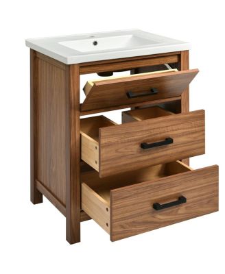 24" Walnut Bathroom Vanity with Ceramic Sink, Modern Freestanding Cabinet with 3 Drawers, MDF Wood for Small Spaces