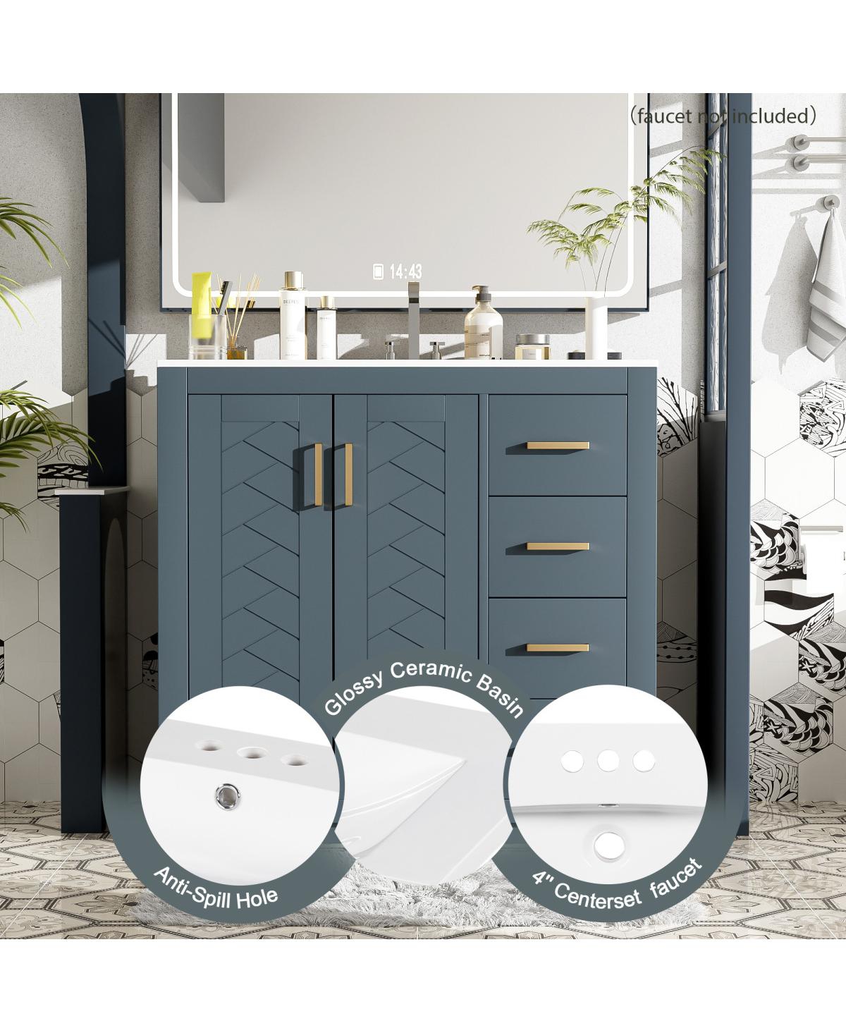 Sillysis 36" Bathroom Vanity with Ceramic Sink, Modern Solid Wood Cabinet & Ample Storage Drawers for Small Spaces