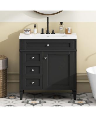 30" Modern Bathroom Vanity with Ceramic Sink, Solid Wood Cabinet, Ample Storage Drawers & Adjustable Shelf for Small Spaces