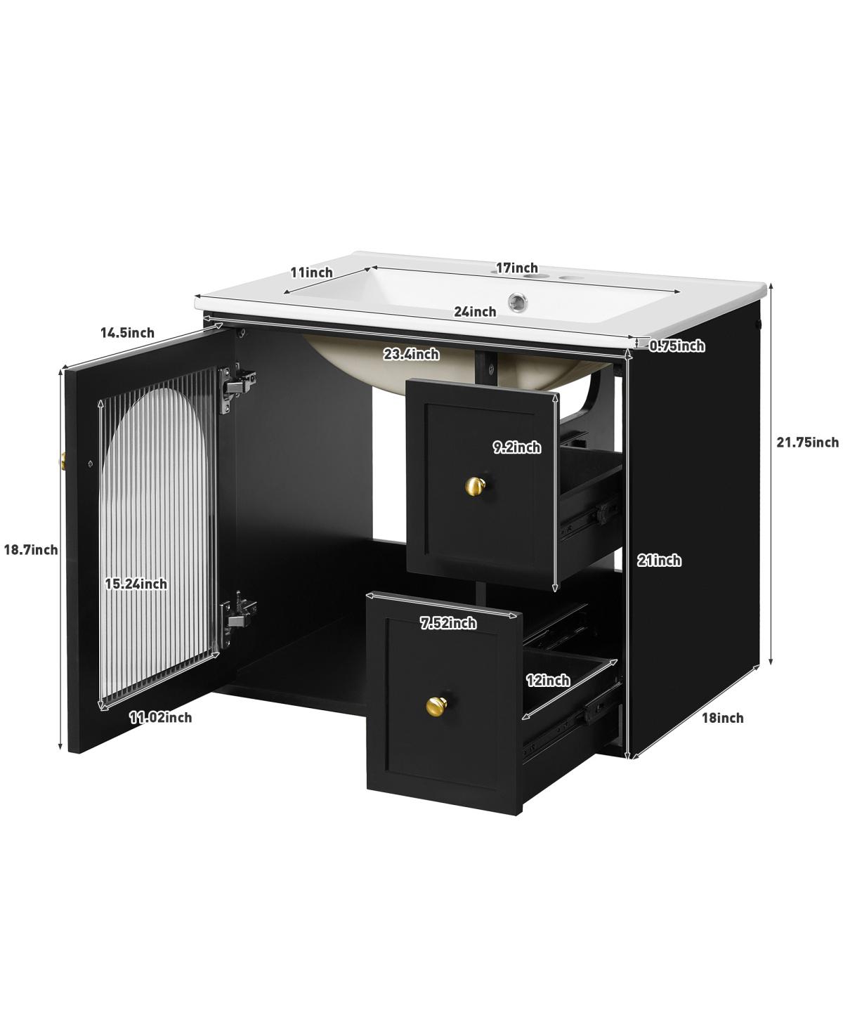 Sillysis 24" Wall Mount Bathroom Vanity with Glass Door, Ceramic Sink & 2 Drawers, Space Saving Storage for Small Bathrooms-Sillysis