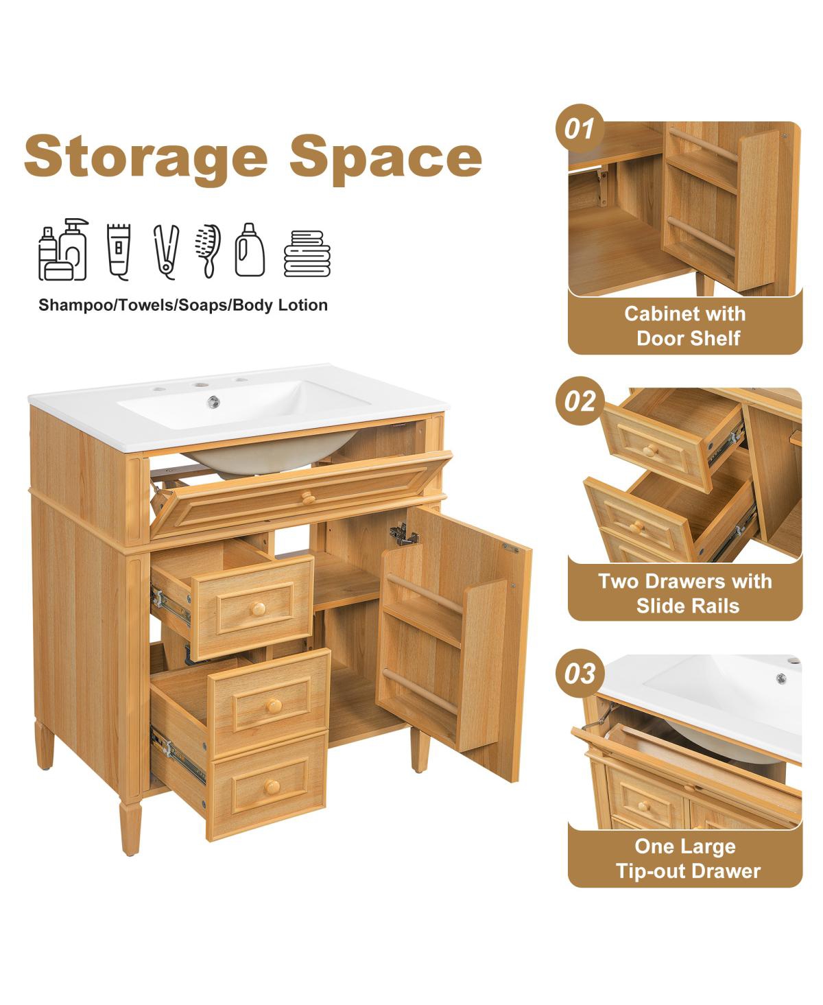 Sillysis 30" Freestanding Bathroom Vanity with Sink & Soft Close Flip Drawer, Solid Wood Mdf Storage for Modern Bathrooms