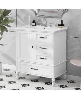 30" Modern Bathroom Vanity with Ceramic Sink, Freestanding Acacia Wood MDF Cabinet with 3 Drawers & Door