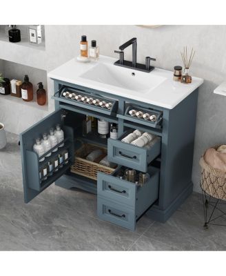36" Bathroom Vanity with Ceramic Sink, Classic Modern Rubber Wood Cabinet & Ample Drawer Storage for Small Spaces