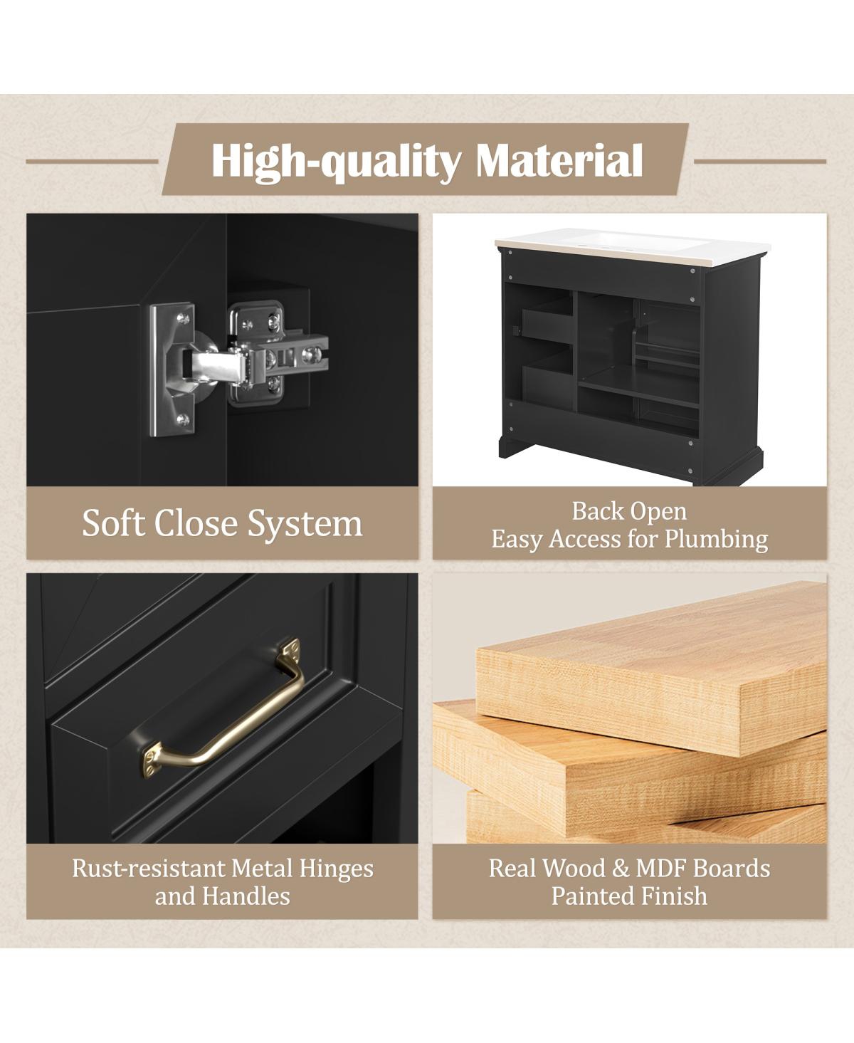 Sillysis 36" Bathroom Vanity with Ceramic Sink, Classic Modern Rubber Wood Cabinet & Ample Drawer Storage for Small Spaces