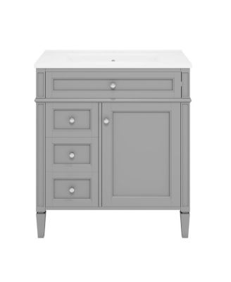 Bathroom Vanity with Ceramic Sink, Solid Wood Cabinet, Ample Storage Drawers Adjustable Shelf for Small