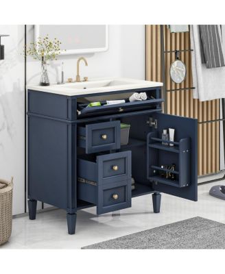 Bathroom Vanity with Ceramic Sink, Solid Wood Cabinet, Ample Storage Drawers Adjustable Shelf for Small