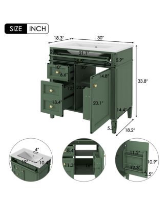 Bathroom Vanity with Ceramic Sink, Solid Wood Cabinet, Ample Storage Drawers Adjustable Shelf for Small
