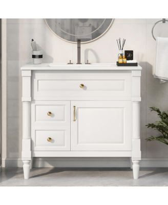 36" Bathroom Vanity with Sink, Solid Wood Cabinet with Flip Drawer and Adjustable Shelf, Freestanding Modern Storage