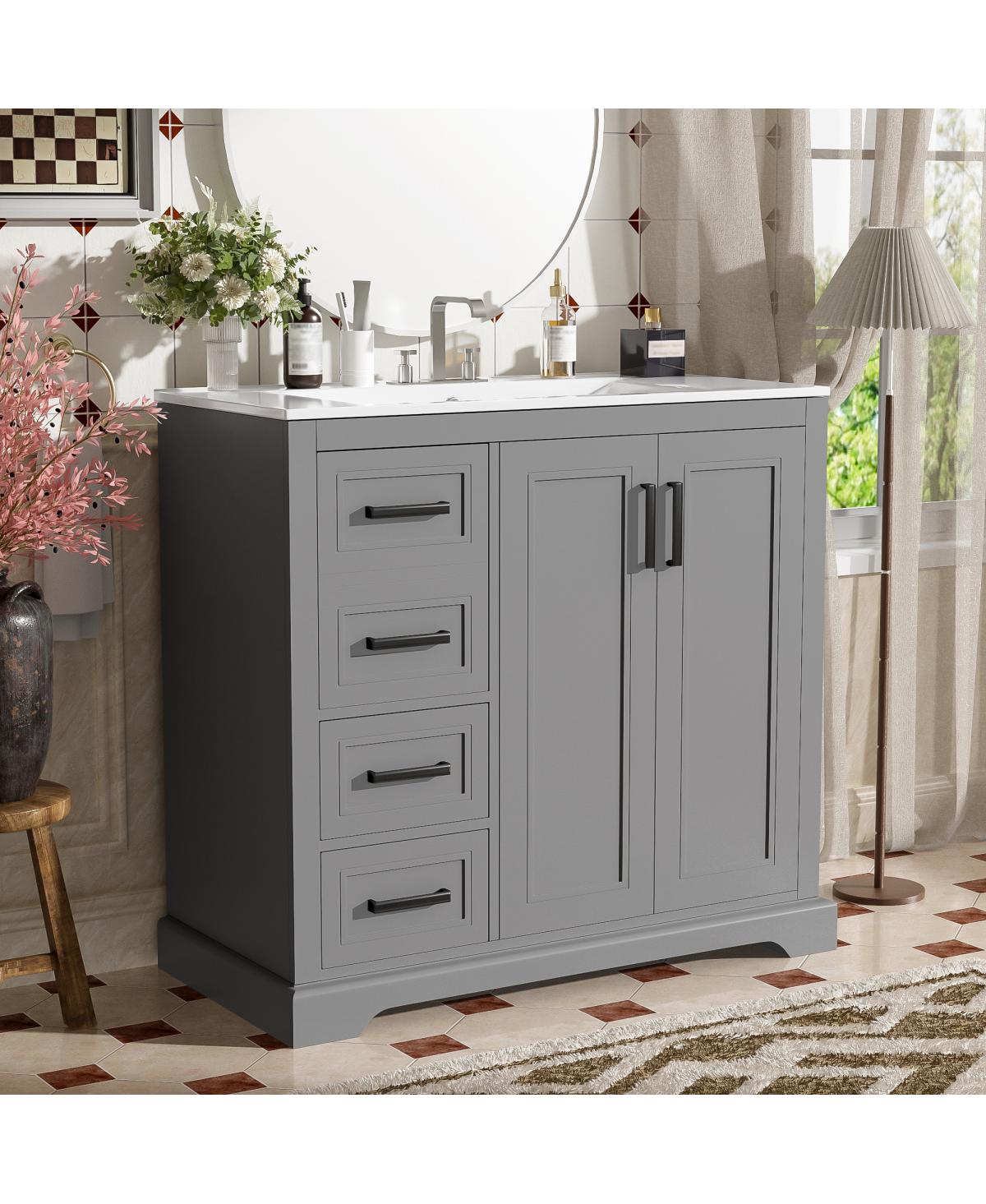 Sillysis 36" Modern Bathroom Vanity with Ceramic Sink, Solid Wood Frame & Soft Close Drawers for Small Spaces