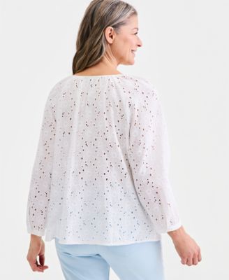 Women's Cotton Eyelet Split Neck Long-Sleeve Top