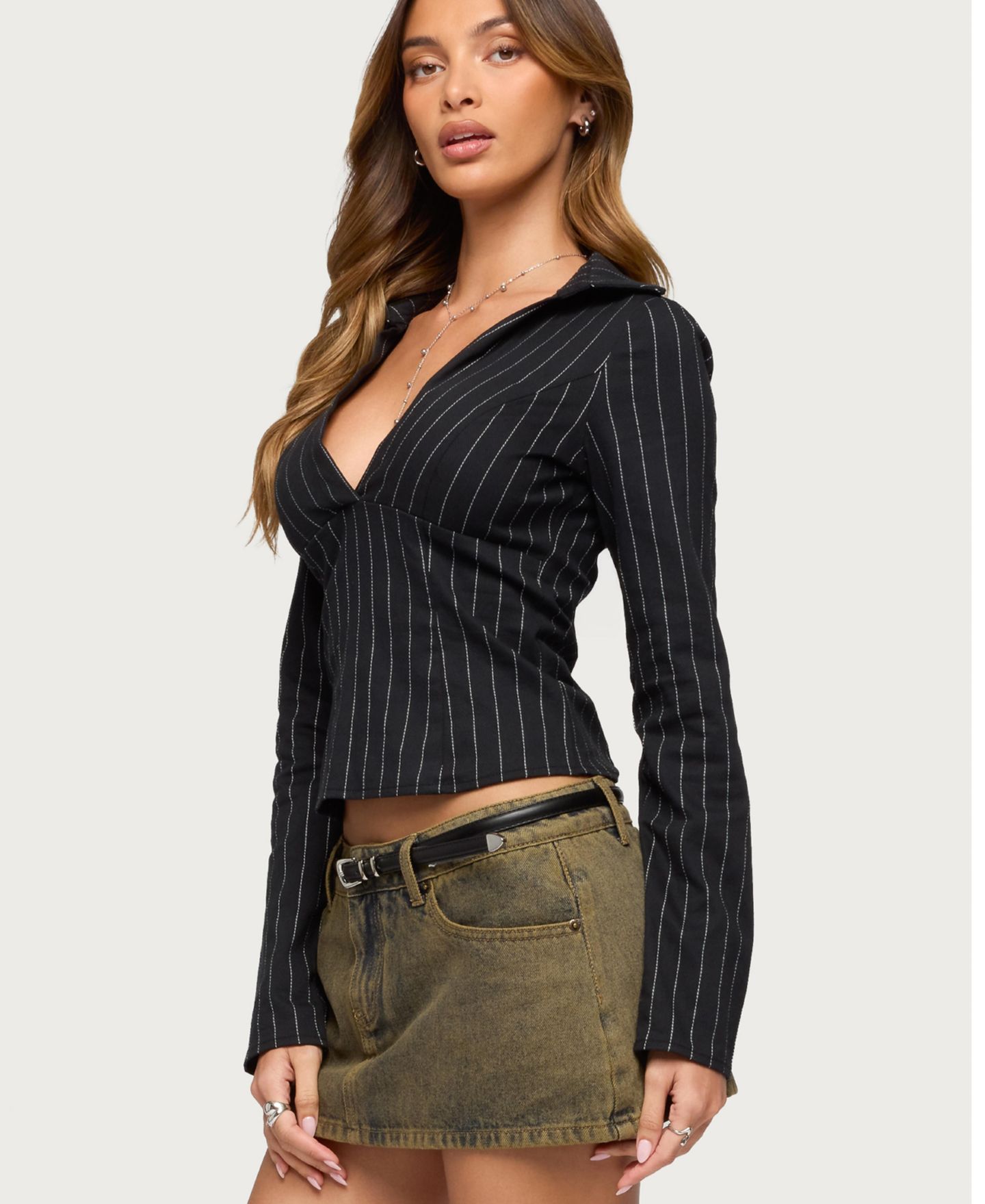 Женская рубашка Edikted Araceli Pinstripe Tailored, цвет: Чёрный — фото 4