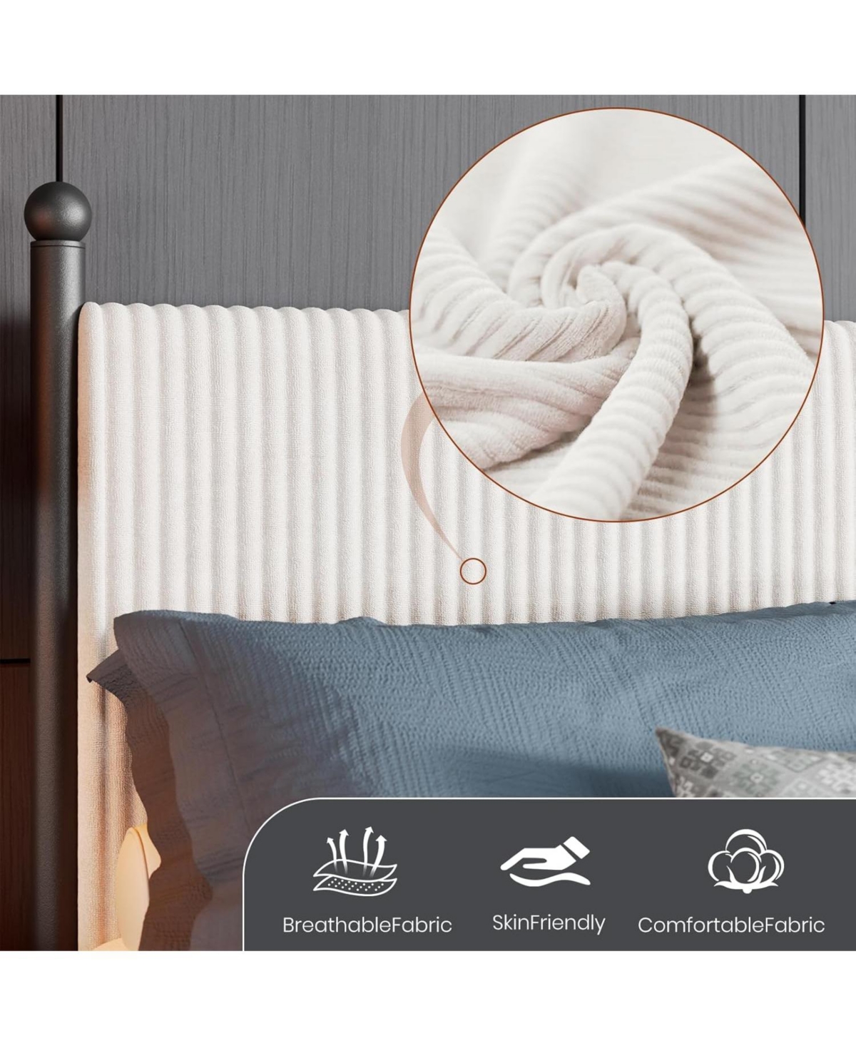 gaomon Size Bed Frame with Velvet Headboard, Upholstered Soft Corduroy Fabric Platform with Wooden Slats Support & Heavy Duty Feet