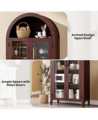 Arched Kitchen Pantry Storage Cabinet - Farmhouse 5 Tier Display Shelf with Adjustable Shelf and 2 Large Glass Doors