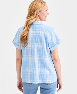 Women's Cotton Gauze Plaid Collared Popover Top