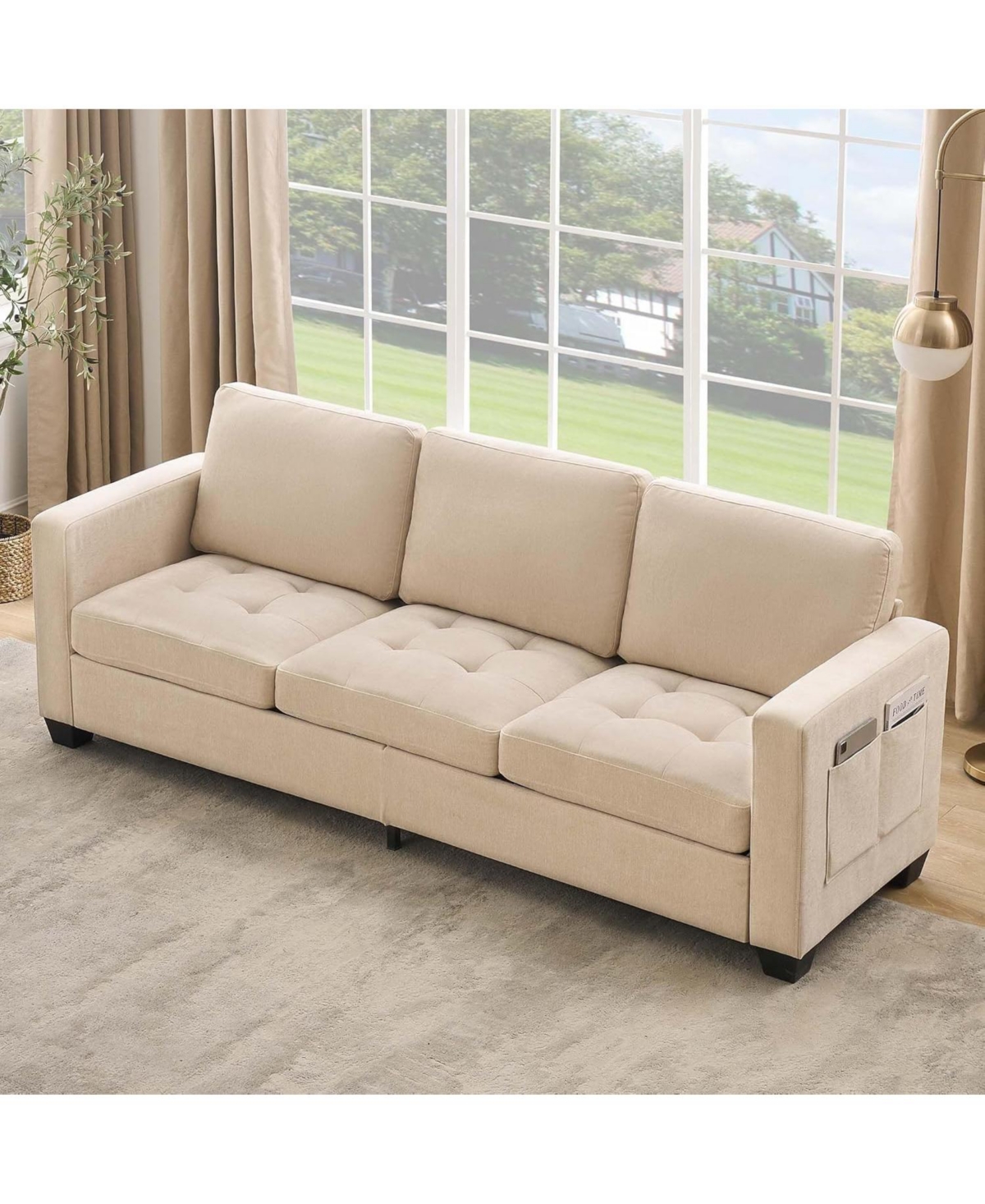 gaomon 3 Seat Sofa Couch, 89'' Chenille Fabric Upholstered Sofa with Wide Armrest and Removable Headrest