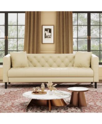 81" Leather Couch, Handmade Button Tufted 3 Seater Sofa, Chesterfield Sofa with Deep Seat and 2 Pillows, Leather Sofa for Living Room Apartment