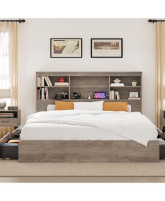 King Size Bed Frame with High Storage Bookcase Headboard, Wood Bed Frame with 4 Storage Drawers, Built in Charging Station, No Box Spring