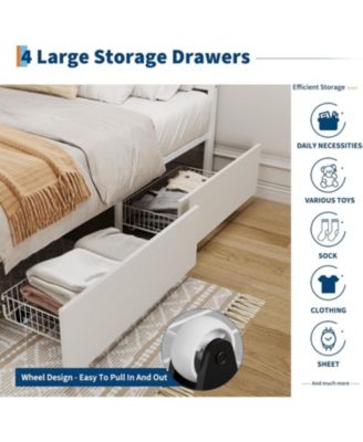 Bed Frame with Headboard, Boho Cane Platform King Size Bed Frame with 4 Drawers, Strong Metal Slats Support, No Box Spring Needed