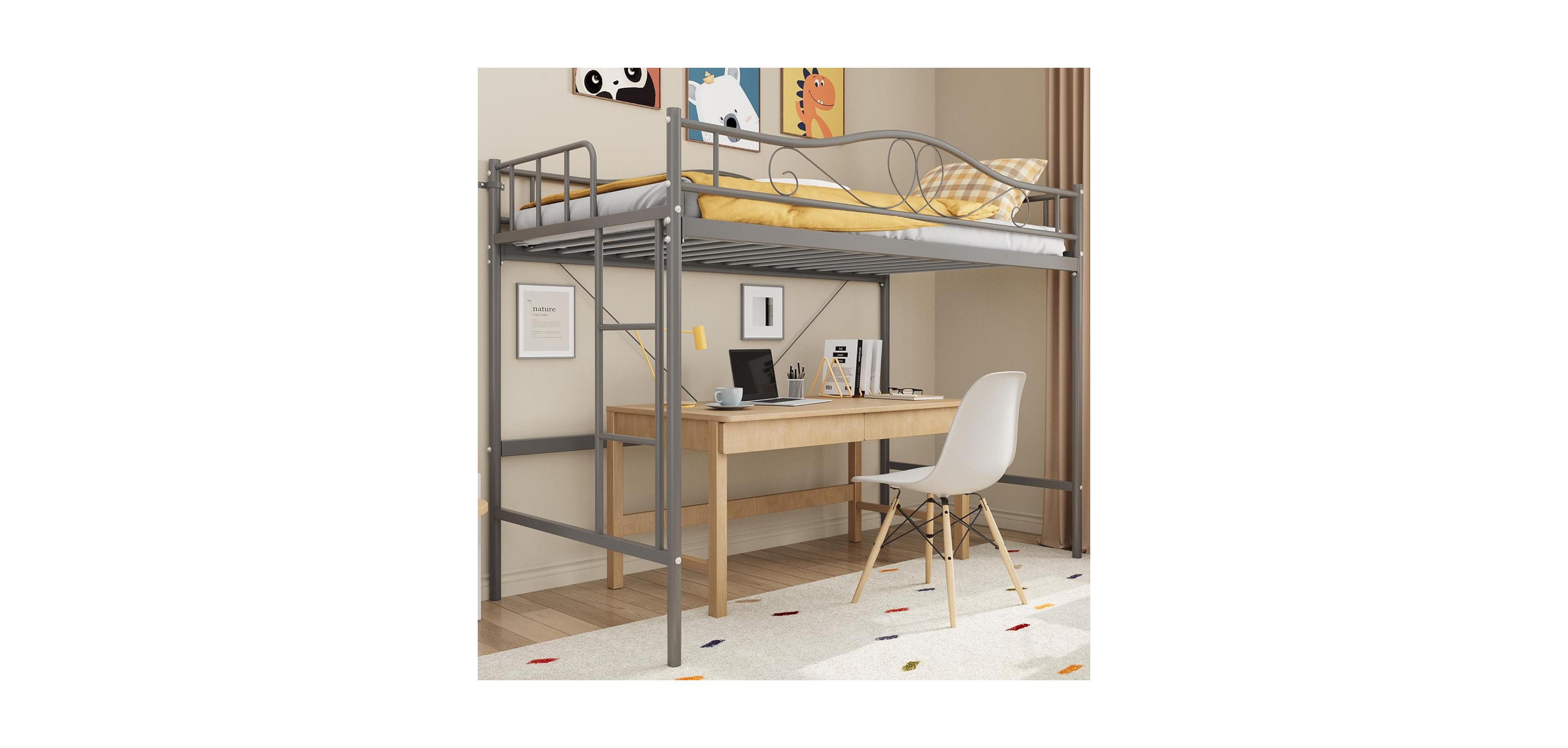 gaomon loft bed twin with removable ladder, full guardrail, heavy duty metal frame, 400 lbs capacity, space saving design