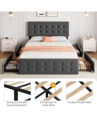 Queen Size Bed Frame with 4 Storage Drawers and Headboard, Linen Upholstered Platform Bed Frame with Wooden Slats Support