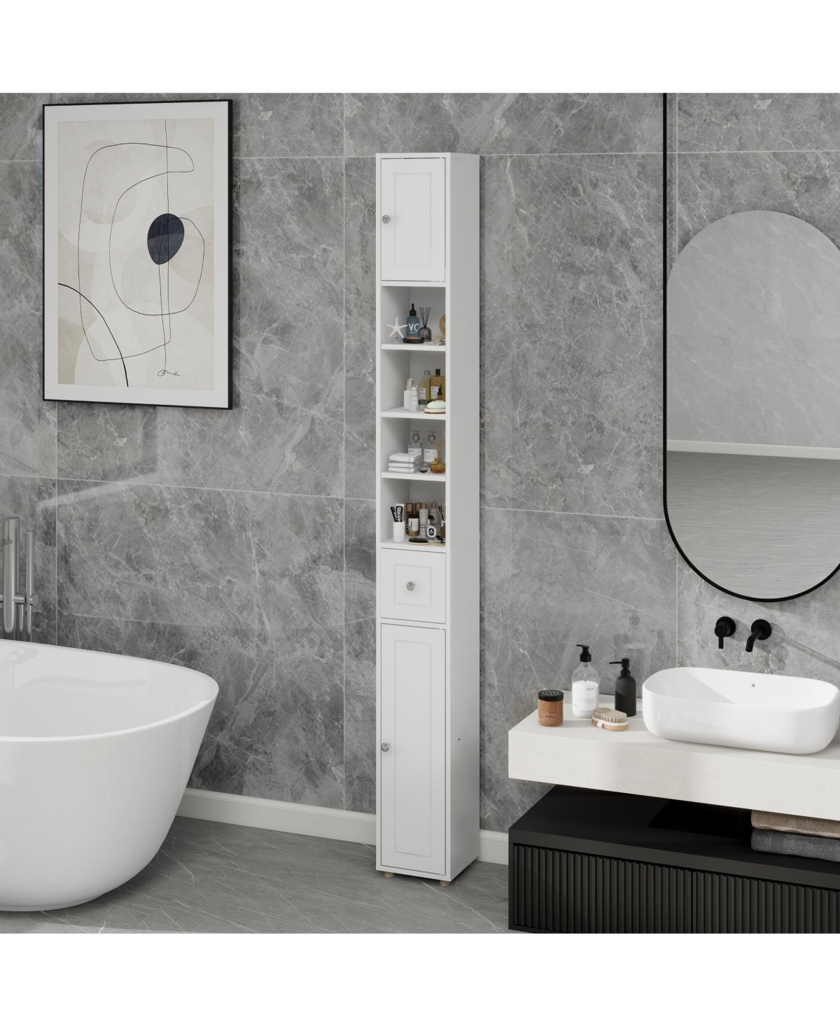 Rainsken Tall Slim Bathroom Storage Cabinet, Freestanding Wooden Tower Cabinet with 2 Doors, 1 Drawer and 4 Adjustable Shelves for Small Spaces