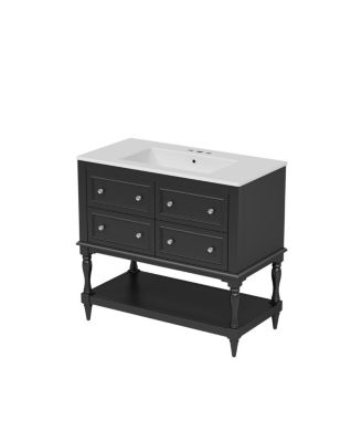 36" Modern Bathroom Vanity with Ceramic Sink, Freestanding Solid Wood Cabinet, 4 Drawers & Storage Shelf