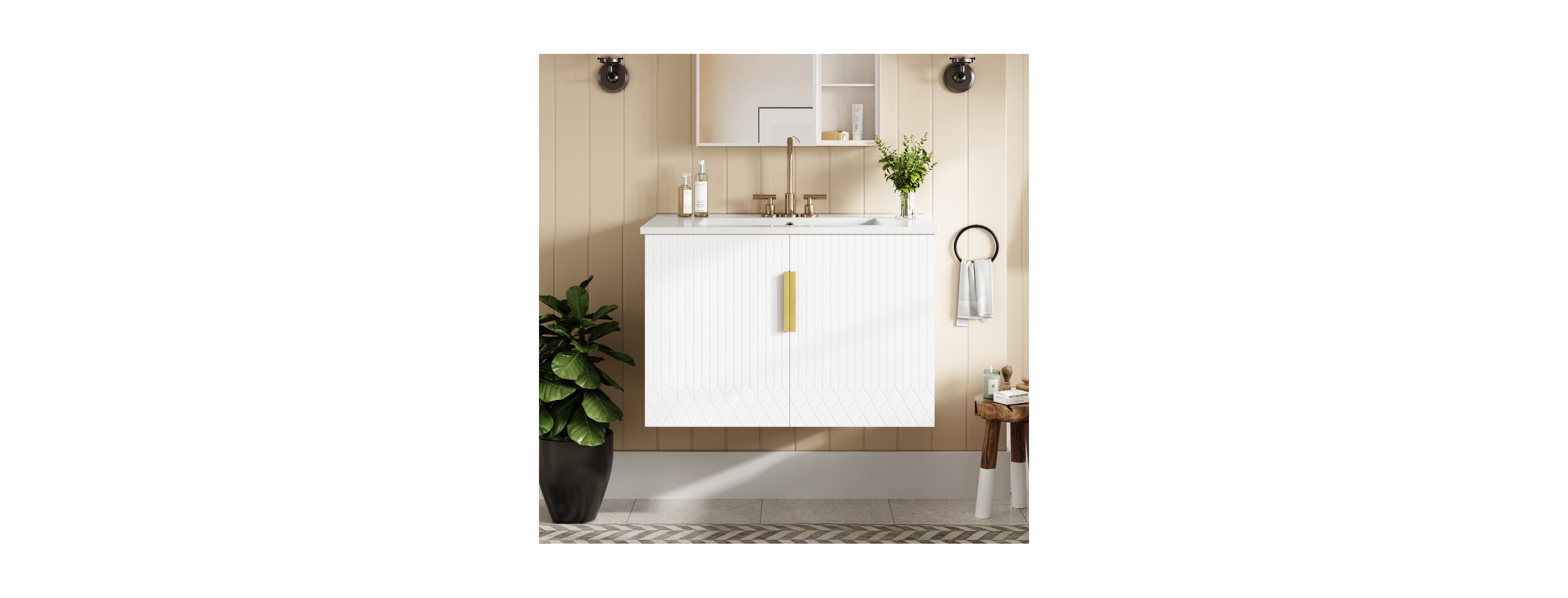 Sillysis 30" Wall Mounted Bathroom Vanity with Sink, Modern Striped Cabinet with Adjustable Storage & Ceramic Basin for Small Bathrooms