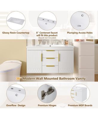 36" Wall Mounted Bathroom Vanity with Resin Sink, Modern MDF Cabinet, Double Drawers & Storage for Small Bathrooms