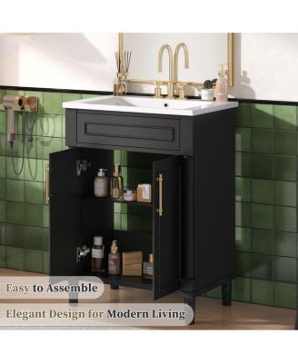 24" Bathroom Vanity with Curved Ceramic Sink, Adjustable Shelf 2-Door Storage for Small Modern Bathrooms