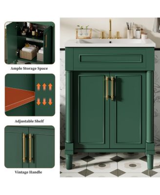 24" Bathroom Vanity with Curved Ceramic Sink, Adjustable Shelf 2-Door Storage for Small Modern Bathrooms