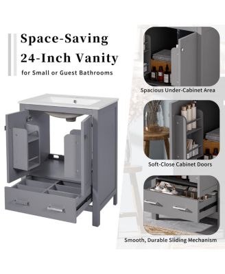24"  Bathroom Vanity with Sink, Solid Wood Frame, Soft Close Doors & Ample Storage for Small Spaces