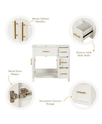 36" Bathroom Vanity with Left Ceramic Sink, Solid Wood & MDF Cabinet, Ample Storage Drawers, Modern Freestanding