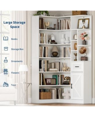 74'' Tall Corner Bookshelf - 6-Tier Book Shelf with Drawer and Cabinets, l-Shaped Bookcase Open Storage Shelves Modern Display Shelf for Home