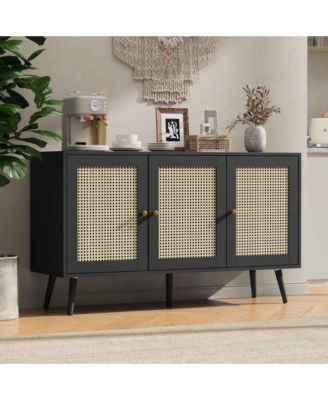Rattan Storage Cabinet with 3 Doors, Boho Sideboard Buffet Cabinet Wood Farmhouse Credenza Cabinet
