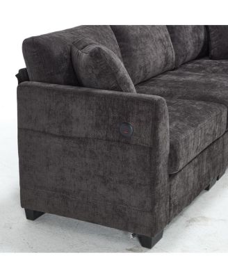 Modern Storage Sofa with Dual USB, 2 Side Pockets, Ottoman Storage Bench