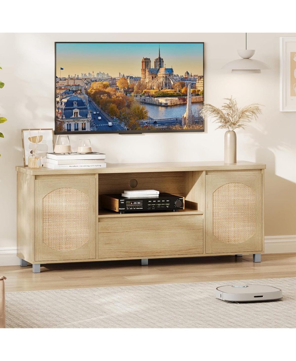 gaomon Rattan Tv Stand for 70 Inch Tv, Boho Tv Entertainment Center, Wooden Tv Console with Drawer and 2 Cabinets, Media Console Cabinet