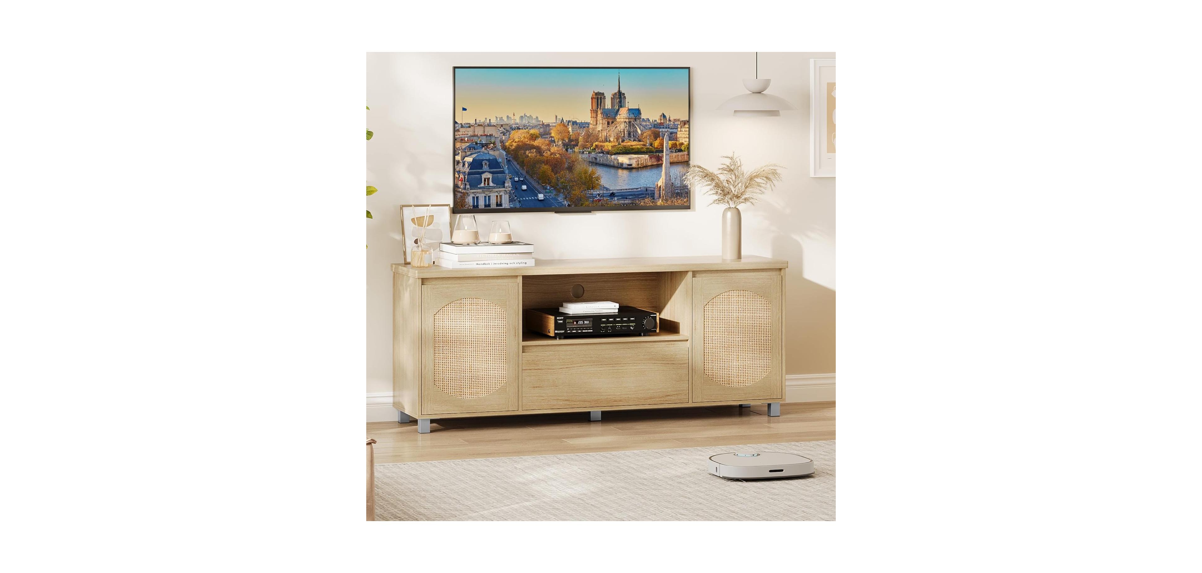 gaomon Rattan Tv Stand for 70 Inch Tv, Boho Tv Entertainment Center, Wooden Tv Console with Drawer and 2 Cabinets, Media Console Cabinet