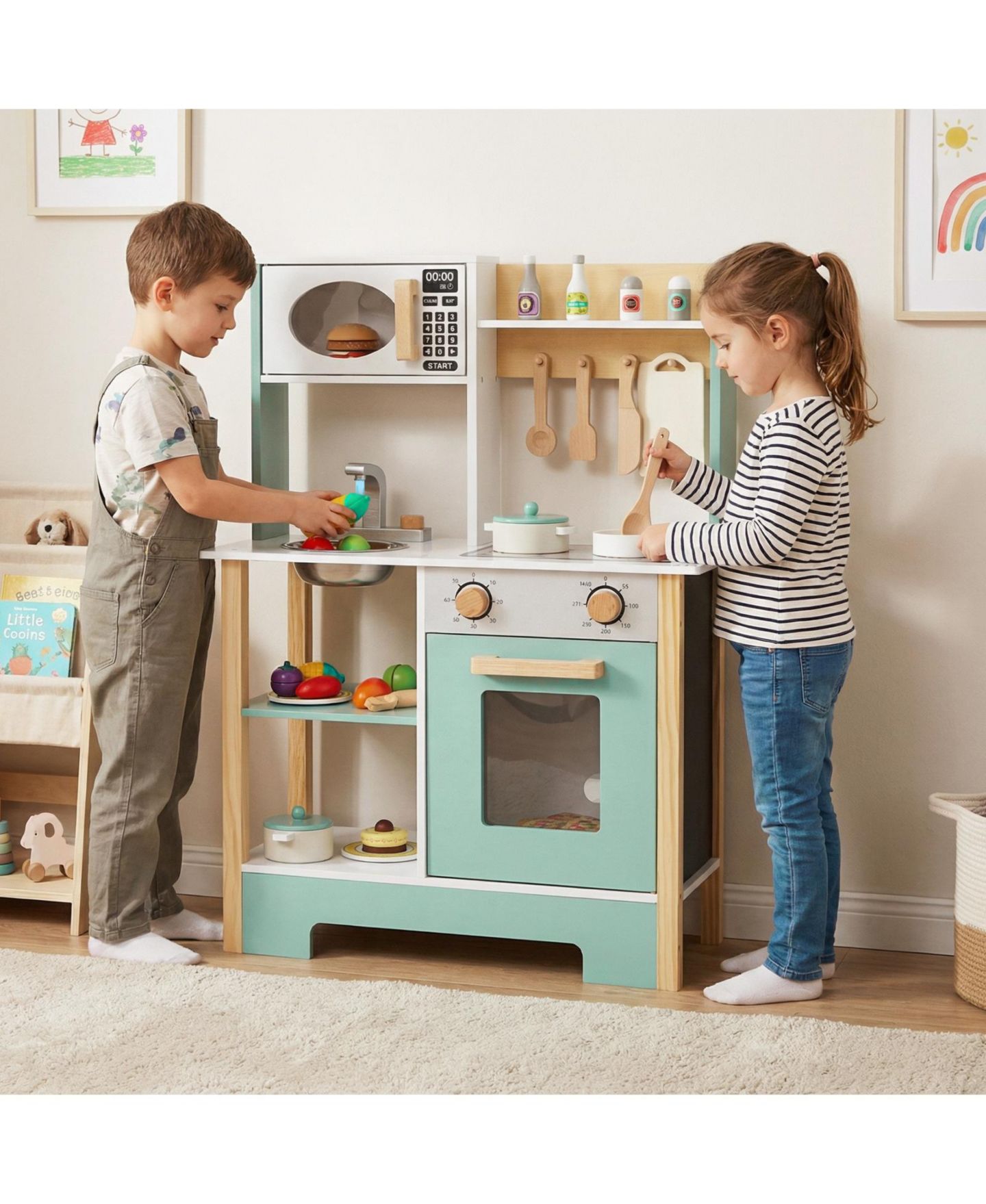 Детские игрушки Slickblue Chalkboard Wooden Play Kitchen, 10+ Piece Set, от 3 лет, цвет: Зелёный — фото 6