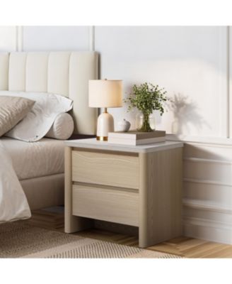 19.7" Snowy Oak Nightstand with Drawers, Modern Bedside Table with Faux Travertine Top