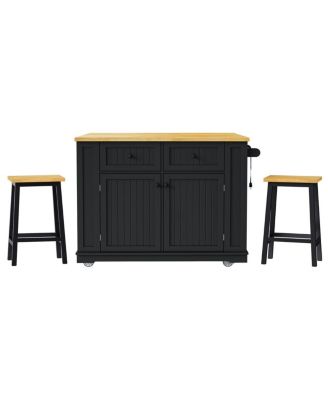 48" Kitchen Island w/ 2 Stools, Power Outlet, Storage, Drop Leaf, 5 Wheels