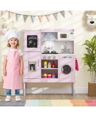 Kids Toy Kitchen Playset with Range Hood, Ice Maker & Telephone