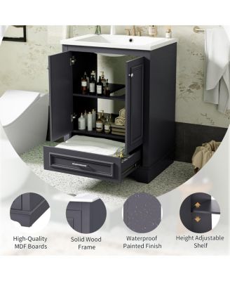 24" Bathroom Vanity with Ceramic Sink, Modern Freestanding Cabinet with Drawer & Soft Closing Doors, Solid Wood MDF Storage