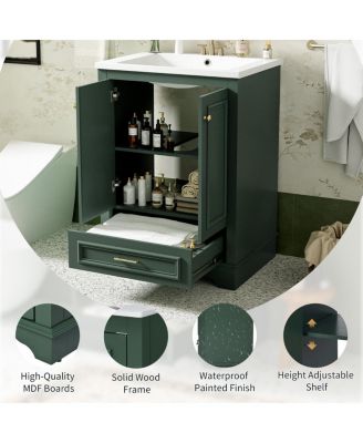 24" Bathroom Vanity with Ceramic Sink, Modern Freestanding Cabinet with Drawer & Soft Closing Doors, Solid Wood MDF Storage