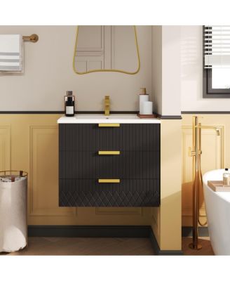 24"Wall Mounted Bathroom Vanity with Ceramic Sink & Double Drawers, Stripe Design for Small Bathrooms