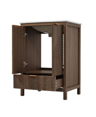 24" Bathroom Vanity with Ceramic Sink, Modern Solid Wood Cabinet & Textured Door for Small Spaces