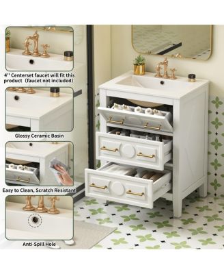 24 Inch Bathroom Vanity with Ceramic Sink, Retro Solid Wood Cabinet, 3 Soft Close Drawers for Small Bathrooms