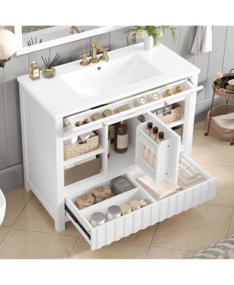 36" Bathroom Vanity with Sink, Vintage Solid Wood Cabinet with Drawers and Open Shelves for Modern Bathrooms