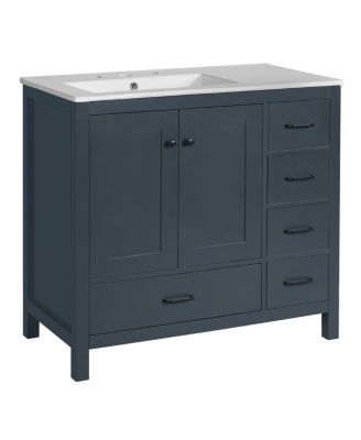 36" Bathroom Vanity with Sink, Solid Wood Cabinet & 5 Drawers Storage, Modern Freestanding Bath Cabinet for Small Spaces