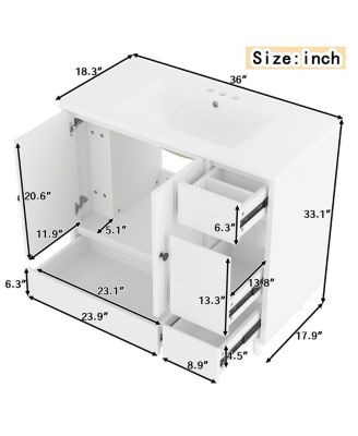 36" Bathroom Vanity with Sink, Solid Wood Cabinet, 4 Drawers and Side Storage for Small Bathrooms